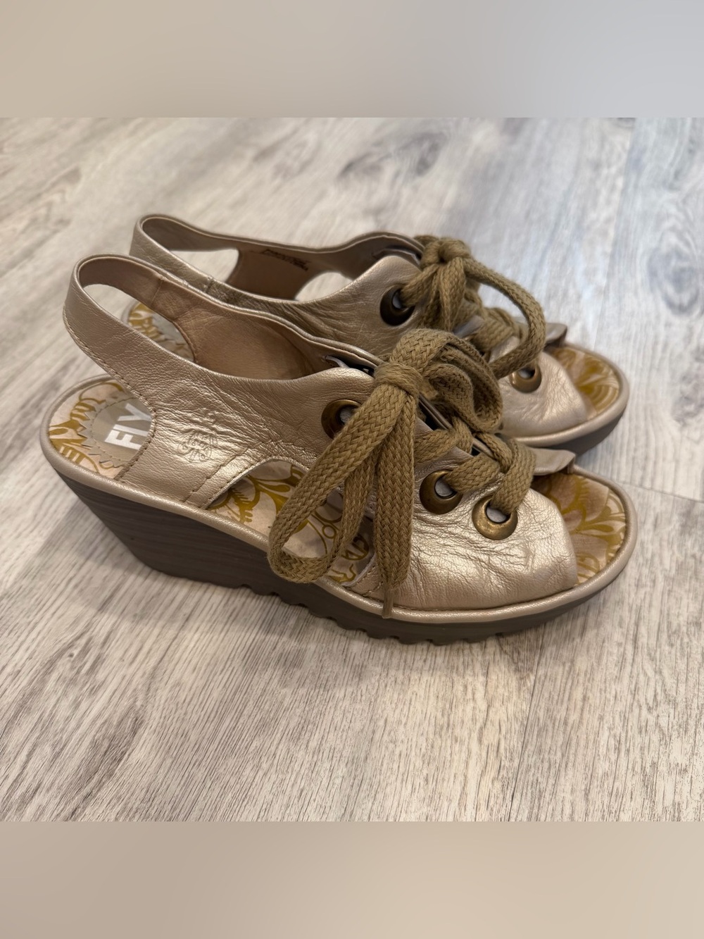Fly London Metallic Lace Up Wedge Sandals Size 36